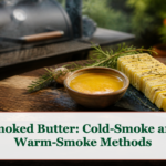 Golden smoked butter in a small ceramic dish beside a chilled sliced butter slab and herbs