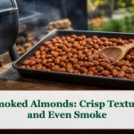 Smoked almonds in a shallow dark pan with a crisp toasted surface and a light seasoning coating