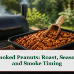 Warm smoked peanuts in a shallow metal tray with paprika seasoning and an even roasted color